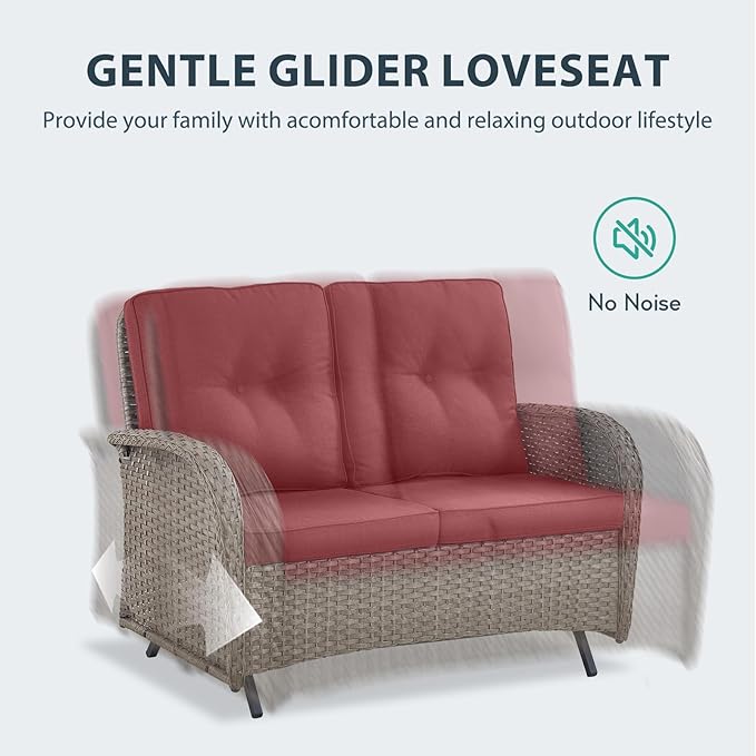 6 Piece Patio Furniture Set - Wicker Patio Conversation Set with Swivel Glider, Glider Loveseat, Tempered Glass Side Table and 2 Ottomans for Deck Backyard - Grey Wicker Red Cushion
