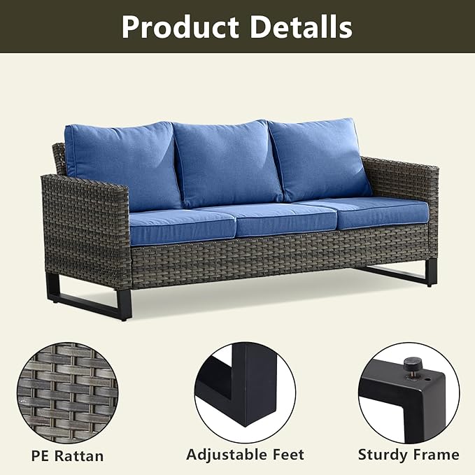 Rilyson Wicker Outdoor Patio Furniture Set - 5 Piece Patio Conversation Set with 2 Swivel Rocker Chairs,2 Rattan Ottoman and 1 Couch for Outside Porch Deck Backyard Garden(Mixed Grey/Blue)