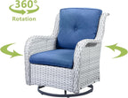 HUMMUH 5 Pieces Outdoor Furniture Patio Furniture Set Wicker Swivel Patio Chairs with 2 Seater Outdoor Sectional Sofa/Patio Loveseat with Ottomans(Light Grey/Blue)