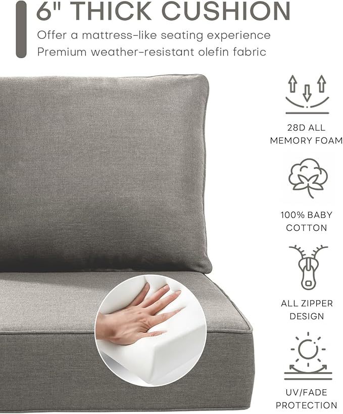 Luxury 24x24x6 Inch Outdoor Deep Seat Cushions Set of 6 - Comfortable Patio Zipper Chair Cushion for Outside Sets Wicker Dining Rocking Swivel Chairs Loveseat Couch Sectional Sofa - Grey