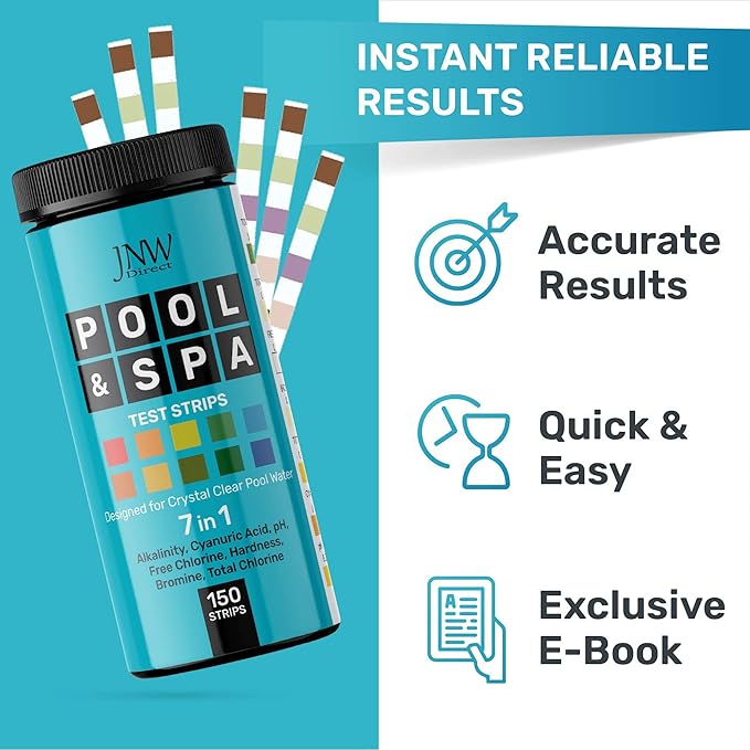 JNW 7-in-1 Pool Test Strips, 150 Quick & Accurate Test Strips for Pool Water, Spa Test Strips for Hot Tub, Chlorine Test Strips, Bromine, pH, Alkalinity, Hardness & More - Swimming Pool Test Kit