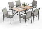 7 Pcs Patio Dining Set for 6, Rectangular Metal Dining Table (PVC Table Top) with Umbrella Hole and 6 Chairs, Outdoor Dining Set for Lawn Garden Deck, Brown