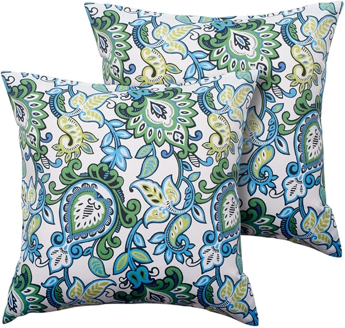 Magpie Fabrics Pack of 2 Outdoor Waterproof Throw Pillow Covers 18 x 18 Inch, Christmas Decorative Cushion Sham Pillowcase Shell for Garden Patio Tent Balcony Couch Sofa(Floral Blue Green)