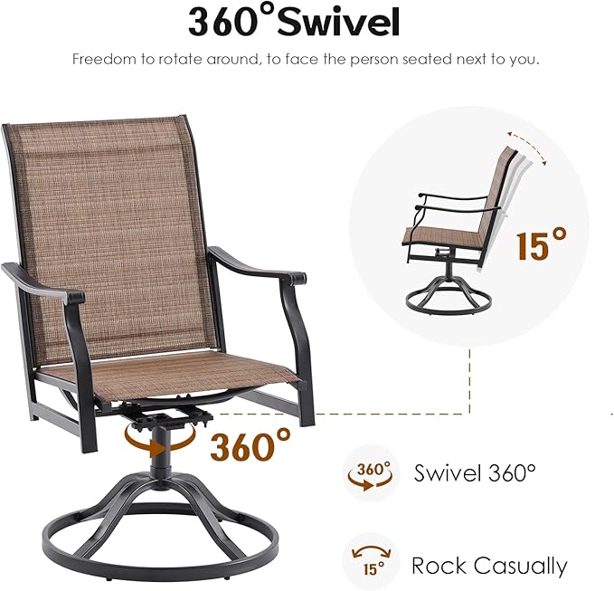 Patio Swivel Chairs Set of 8, Outdoor Dining Chairs with Textilene, Swivel & Rocker Metal Outdoor Patio Dining Chairs All-Weather for Backyard, Brown Fabric with Black Frame