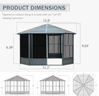 Domi 13x13FT Sunroom, Octagonal Solarium Aluminum Hardtop Gazebo with Galvanized Steel Roof, Detachable PE Screen, Sliding Door, Sun Room Pavilion Gazebo for Deck Backyard Garden