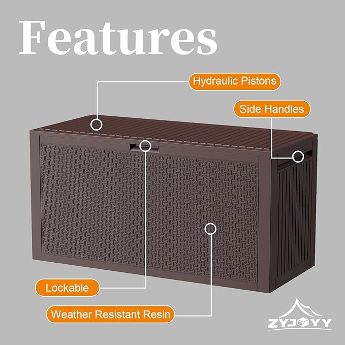 90 Gallon Resin Deck Box, Weatherproof Outdoor Storage Box for Patio, Garden, Pool, and Yard, Lockable Waterproof Bin for Tools, Cushions, and Accessories, Brown