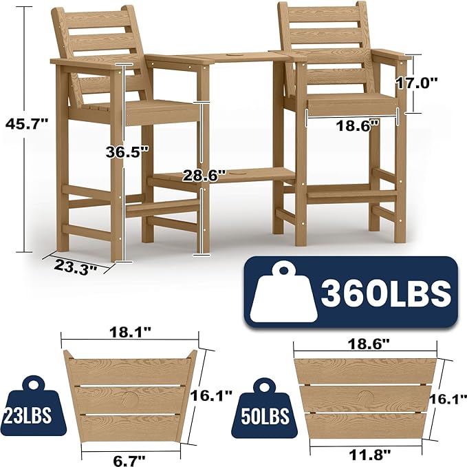 Tall Adirondack Chairs Set of 2, All Weather HDPE Poly Bar Height Balcony Adirondack Chair with Removable Double Connecting Trays, Outdoor Adirondack Barstools for Deck, Patio, Yard, Pool, Lawn