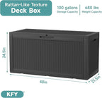 deck box,100-gallon indoor and outdoor storage box made of waterproof and sun-resistant resin material, meeting storage needs for the living room, patio, swimming pool, and toolshed（black）