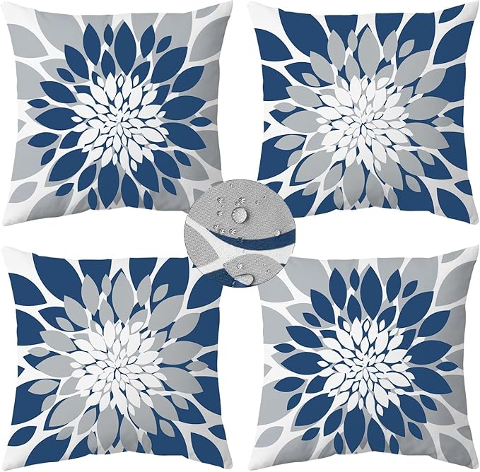 Qahing Pack of 4 Outdoor Waterproof Pillow Covers 16x16 Decorative Outdoor Throw Pillows Garden Square Cases for Patio Furniture, Couch, Tent Sunbrella, Bench, Blue Grey