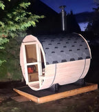 Outdoor Barrel Sauna with Porch, Wood Burning Stove Sauna 4 Person, Large Glass Window, Canadian Hemlock, Chimney Kit, Triple Waterproof System, Double Reinforcement(0-195℉)