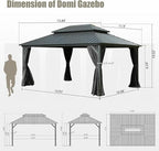 Domi 12’ X 16’ Hardtop Gazebo Canopy with Netting & Curtains, Outdoor Metal Gazebo with Galvanized Steel Double Roof for Patio Lawn and Garden, Gray