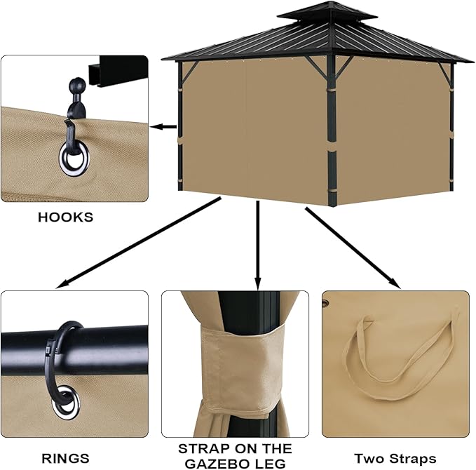 Gazebo Universal Replacement Privacy Curtain, 12'X12' Gazebo Curtains Outdoor Waterproof, 4-Panels Sidewall with Zipper for Patio, Garden and Backyard (Only Curtains, 12'X12', Beige)
