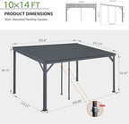 Domi 10'x14' Hardtop Wall Mounted Gazebo, Expandable Lean to Gazebo Pergola with Gutters & Galvanized Steel Roof, 60MPH Wind Resistance Outdoor Heavy Duty Canopy Sun Shade for Patio, Backyard - Grey