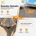 MELLCOM 14' x 20' Hardtop Gazebo,Galvanized Steel Metal Double Roof with Curtain and Netting,Brown Permanent Pavilion Gazebos with Aluminum Frame for Patios,Gardens,Lawns