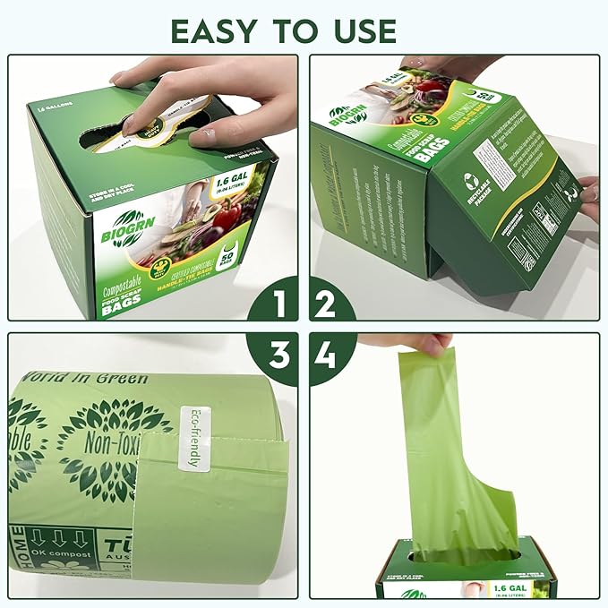 Compostable Trash Bags 1.2-1.6 Gallon Handle Tie 50 Count 0.6 Mil 6.06 Liter Small Compost Bags for Countertop Bin Biodegradable Bags Green for Kitchen ASTM D6400 & BPI Certified, OK Compost Home