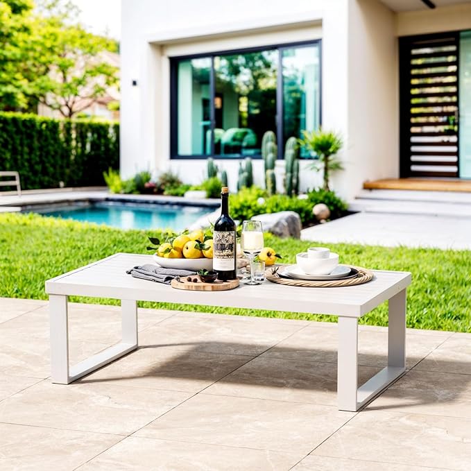 Aluminum Outdoor Coffee Table - White Rectangle Patio Tables for Deck, and Poolside