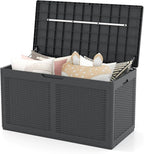 HAPPYGRILL 100 Gallon Resin Deck Box Outdoor Waterproof Storage with Lockable Lid, Rattan Texture Storage Container with Wheels for Pool Accessories, Garden Tool, Patio Furniture Cushion (Grey)
