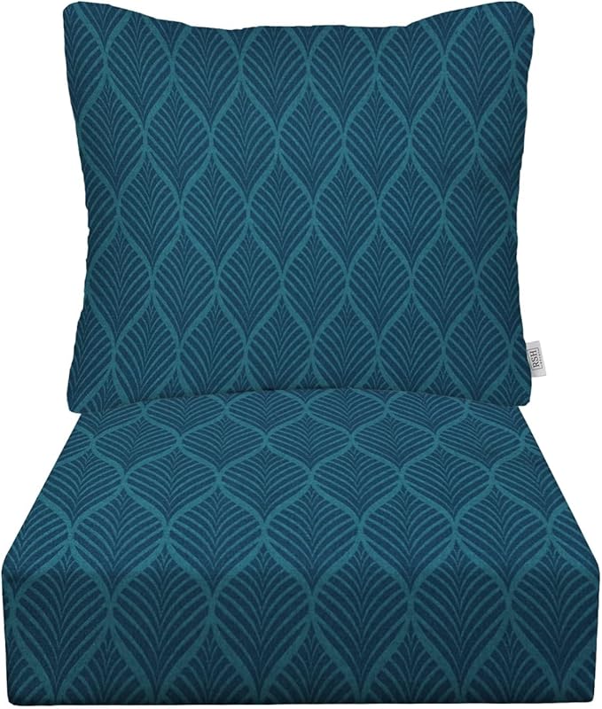 RSH DECOR Deep Seating Cushion with Pillow Back | 24” x 23” Seat | Water and Fade-Resistant Spun Fabric | Outdoor Chair Cushion Set for Patio Furniture | Fenbrook Blue