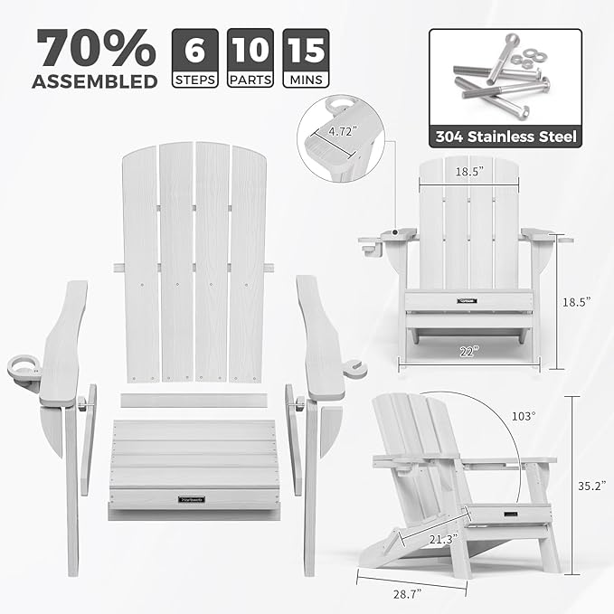 Folding Adirondack Chair Wood Texture 4 Pack, HDPE All-Weather Fire Pit Chairs, Plastic Adirondack Chairs with 2 Cup Holder, Outdoor Lawn Chair for Patio Garden (White)