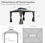 Domi 10x13FT Outdoor Gazebo, Hardtop Gazebo with Galvanized Steel Double Roof, Metal Gazebos with Drainage System Patio Pergola for Patio Deck Backyard,Curtain and Netting,Brown