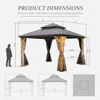 Domi 12' X 12' Wood Gazebo, Cedar Frame Hardtop Gazebo with Galvanized Steel Double Roof, Netting & Curtains, Patio Pergola Pavilion for Patio, Backyard, Deck, Lawns