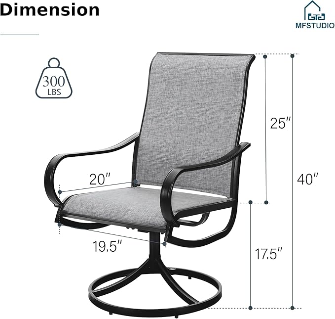 MFSTUDIO Outdoor Swivel Patio Dining Chairs Set of 6, High Back Breathable Textilene Patio Chairs for Balcony, Backyard, Deck, Garden (Light Grey Fabric, Black Frame)