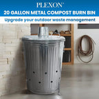 Plexon Metal Compost Bin Outdoor Burn Bin - Galvanized Trash Can with Lid Chimney and Vent Holes - Trash Burning Container Composter Incinerator for Garbage, 20 Gallon (Chimney Lid and Vent Holes)