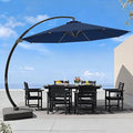 7 Piece Patio Dining Set with 11ft Patio Umbrella (Navy), 7 Black Outdoor HDPE Dining Set with 6 Chairs + 1 Large Table with 2" Umbrella Hole, for Market, Pool, Garden, Backyard, Deck