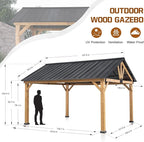 COOS BAY 11x13 Hardtop Gazebo with Cedar Wood Frame, Galvanized Steel Gable Roof Outdoor Pavilion for Garden, Lawn, Poolside, Patio, Deck, Natural Wood/Black
