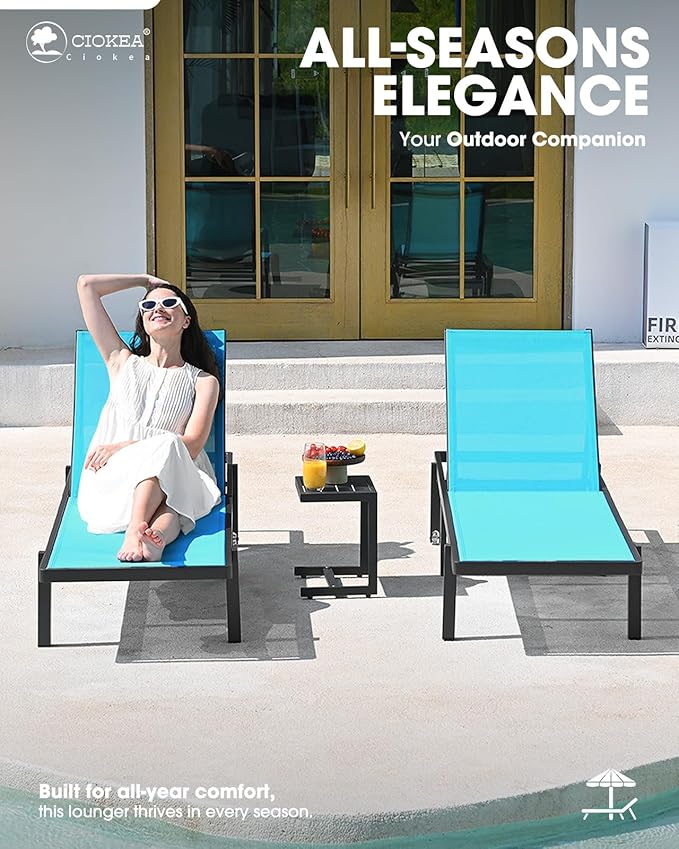 Pool Chaise Lounge Chair Set of 4, Outdoor Lounge Chairs with Wheels, 5-Position Adjustable Sun Loungers for Outside, Deck, Beach, Lake Blue