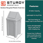32 Gallon Square 100% Recycled Plastic Heavy Duty Outdoor Commercial Trash Can with Swing Top Lid | Great for Schools and Businesses - Light Granite