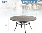 DIFY 60" Round Outdoor Patio Dining Table for 8-10, Metal Patio Table with 1.57" Adjustable Umbrella Hole, All-Weather Dining Furniture Table for Backyard Lawn Garden, Grey Wood-Like