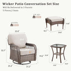 5 Pieces Patio Furniture Set Outdoor Sectional Sofa Couch with Rocking Swivel Chairs 5" Deep Seat Chairs, Modern Wicker Rattan Conversation Set, Beige/Brown Wicker