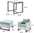 Wicker Outdoor Patio Furniture Set - 5 Piece Patio Conversation Set with 2 Wicker Armrest Chairs,2 Rattan Ottoman and 1 Metal Side Table for Outside Porch Deck Backyard Garden(Light Grey/Sky Blue)