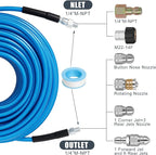 150 FT Sewer Jetter Kit for Pressure Washer, 5800PSI Water Jet Drain Cleaner Hose, 1/4 Inch NPT Corner with 4 Sewer Jetting Nozzles, Pearl Corsage Pin, Waterproof Tape, Handle Strap&2 Spanner (Blue)