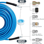 50 FT Sewer Jetter Kit for Pressure Washer, 5800PSI Water Jet Drain Cleaner Hose, 1/4 Inch NPT Corner with 4 Sewer Jetting Nozzles, Pearl Corsage Pin, Waterproof Tape, Handle Strap&2 Spanner (Blue)