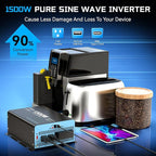 1500W Pure Sine Wave Inverter with Transfer Switch, 12V DC to 120V AC Converter with 2AC Outlets, USB Port, Type-C Port, Remote Controller, Power Inverter for RV, Outdoor, Auto Swtich to Shore Power