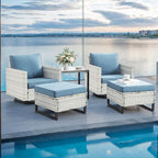 Wicker Outdoor Patio Furniture Set - 5 Piece Patio Conversation Set with 2 Swivel Rocker Chairs,2 Rattan Ottoman and 1 Metal Side Table for Outside Porch Deck Backyard Garden(Light Grey/Sky Blue)