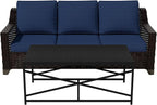 Vista Vibe 2 Pieces Outdoor Patio Conversation Furniture Set - 78" 3-seat Sofa | Metal Coffee Table, Deep Seat Loveseat, Removable Cushions, Hand-Woven PE Rattan Couch, Lawn (Brown/Navy)