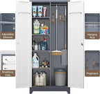 GREATMEET 72.8" Broom Storage Cabinet, Utility Cabinets for Brooms and Mops, Metal Storage Cabinets for Cleaning Supplies, Utility Closet for Garage, Grey&White