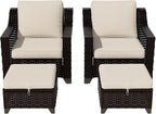 Vista Vibe 4 Pieces Outdoor Patio Conversation Furniture Set - 2 Luxurious Armchairs | 2 Wicker Ottomans, Removable Cushions, Hand-Woven PE Rattan, Office, Porch (Brown/Beige)