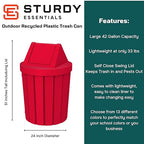 42 Gallon Round Slatted 100% Recycled Plastic Indoor or Outdoor Commercial Trash Can with Easy Access Swing Top Lid | Great for Schools and Businesses - Red