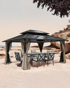 10' x 12' Hardtop Gazebo, Aluminum Frame Outdoor Patio Gazebo with Netting and Curtains, Outdoor Hardtop Gazebos, Patio Pergolas with Double Metal Roofs for Backyard, Patio, Deck, Sandstone