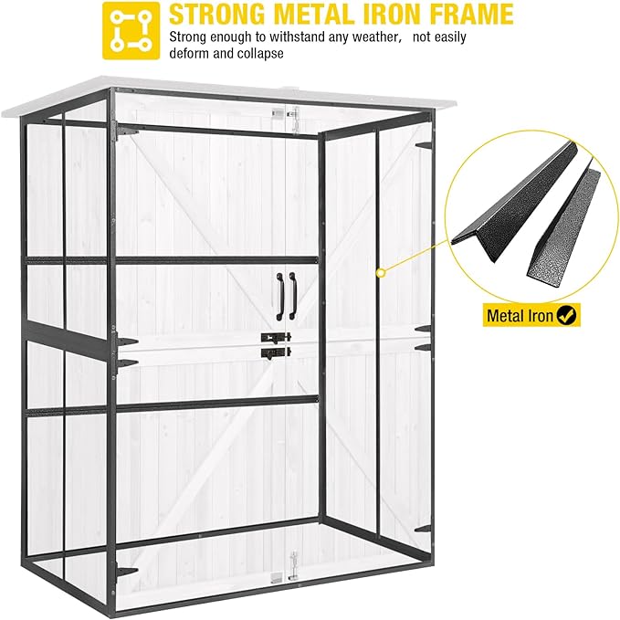 Aivituvin Shed Outdoor Storage Cabinet with Durable Metal Frame Waterproof Garden Tool Storage with Adjustable Shevels and Floor for Backyard Garden Patio Lawn, 55" L, Off White