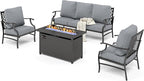 HERA'S HOUSE 4 Pieces Patio Fire Pit Furniture Set, 2 x Single Chair, 3-Seat Sofa with 45" Fire Pit Table, Outdoor Conversation Set for Garden Poolside Backyard, Grey