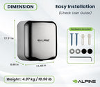 Alpine Automatic Hand Dryers for Bathrooms Commercial High Speed 110-120V Stainless Steel Electric Hand Dryer, Plug In & Hardwire Options with Air Filter, ADA & UL Compliant & 5 Years Coverage(Chrome)