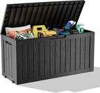 75 Gallon Large Deck Box,Resin Outdoor Storage Box with Lockable for Patio Furniture, Pool Accessories, Garden Tools Waterproof Outside Storage Box, Black