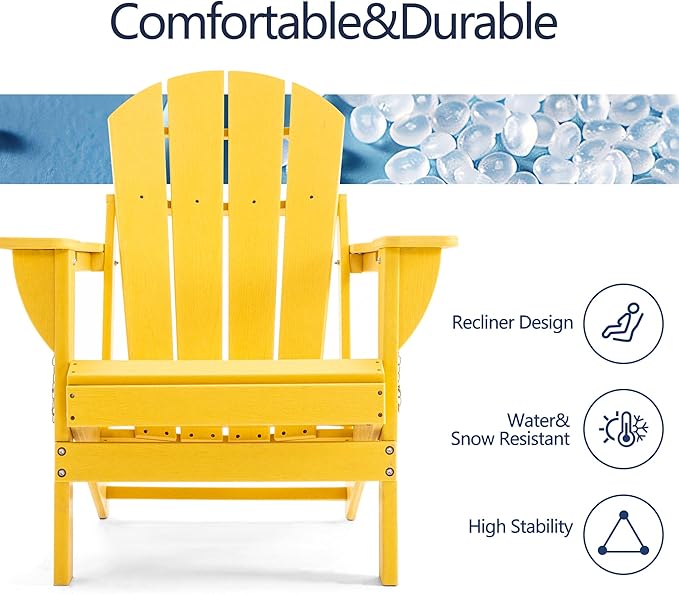 Folding Adirondack Chair, HDPE Outdoor Texture Lawn Chair with Reclining Back, Cup and Phone Holder - Comfortable Firepit Chair Weather Resistant for Patio or Backyard (Yellow, Set of 1)