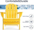 Folding Adirondack Chair, HDPE Outdoor Texture Lawn Chair with Reclining Back, Cup and Phone Holder - Comfortable Firepit Chair Weather Resistant for Patio or Backyard (Yellow, Set of 2)