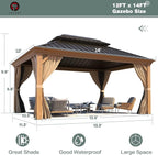 YOLENY 12' x 14' Hardtop Gazebo Wood Grain Aluminum Frame Gazebo, Outdoor Permanent Metal Pavilion with Netting and Curtains for Deck, Backyard, Patio, Lawns